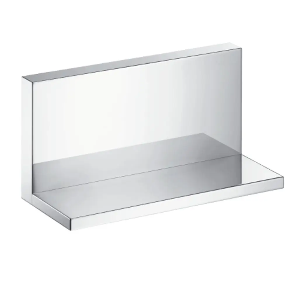 Ablagefläche aus Chrom mit geradlinigem Design, montiert an einer Wand. Das Produkt gehört zur AXOR ShowerSolutions-Serie.